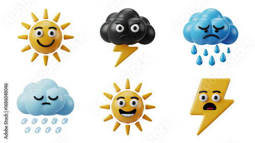 Joyful sun, angry storm, sad rain, and shocked lightning bolt icons for weather forecasts
