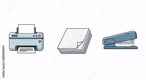 Office supplies: printer, paper stack, and stapler icons on white background