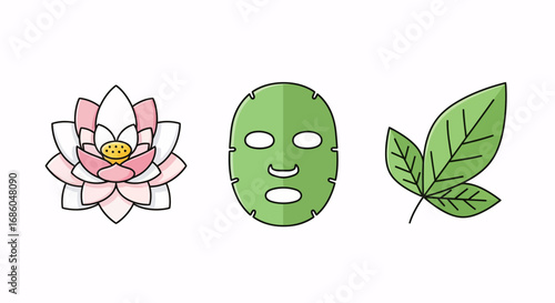 Natural beauty ingredients: lotus flower, sheet mask, and green leaves for skincare.