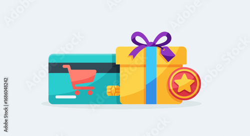 Bright gift box and credit card with shopping cart icon, symbolizing rewarding purchases and loyalty programs