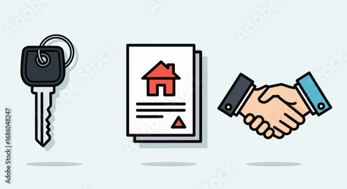 Handshake symbolizing successful real estate transaction with key and contract documents.