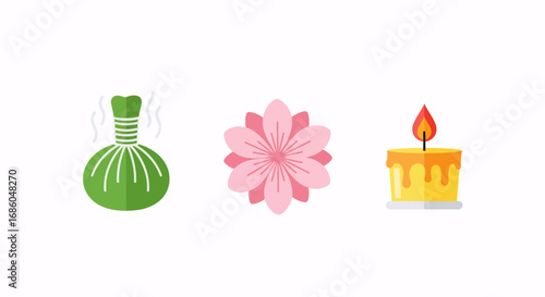 Herbal compress, delicate flower, and lit candle create a serene spa atmosphere.