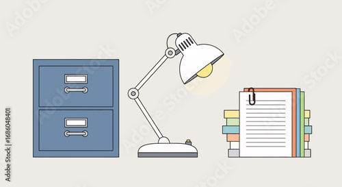 Desk lamp illuminates a stack of papers next to a filing cabinet, symbolizing organization and work.