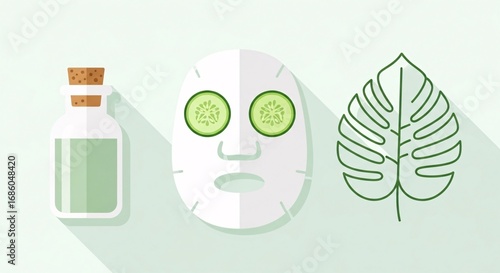 Natural skincare routine with facial mask, botanical oil, and leaf illustration on pastel background.