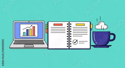 Organized planner and laptop beside a steaming cup of coffee, symbolizing productive work and planning.