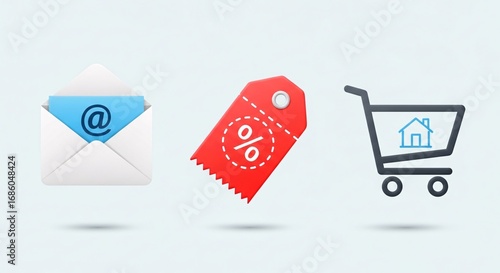 Digital marketing icons representing email, discounts, and online shopping