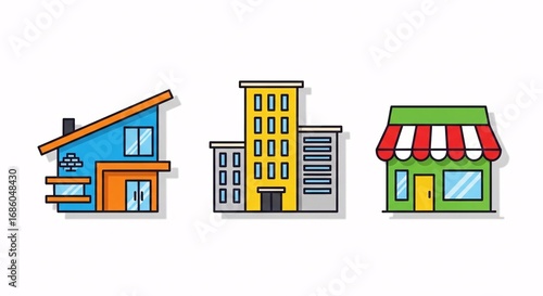 Diverse building icons representing residential, commercial, and office spaces.