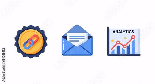 Digital icons representing connection, communication, and data analytics.