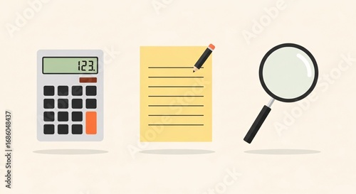 Calculator, notepad with pencil, and magnifying glass arranged neatly for analysis or study.