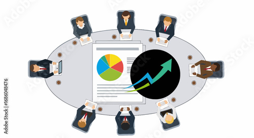 Diverse team collaborates around a boardroom table, analyzing growth charts and financial data for business success.
