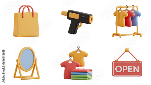Stylish shopping bag, fitting room mirror, clothes rack, and open sign evoke retail success.