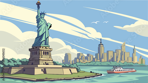 A stylized illustration of a large statue a cityscape and a boat on the water perfect for travel tourism and city themes.