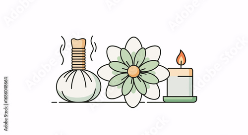 Soothing spa elements with a warm candle, herbal compress, and delicate flower