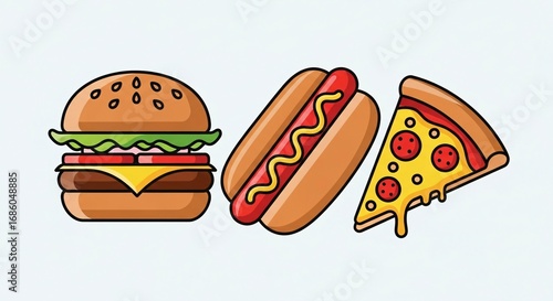 Delicious assortment of classic fast food items including a burger, hot dog, and pepperoni pizza slice