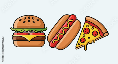 Delicious trio of classic fast food items: burger, hot dog, and melting cheese pizza.