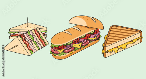 Delicious assortment of three distinct sandwiches displayed on a light green background.