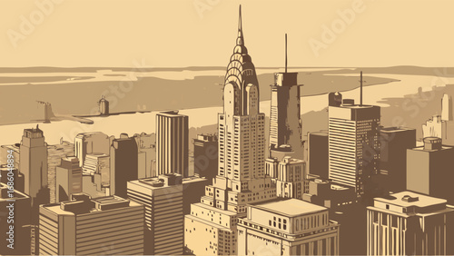 Aerial View of a Modern City Skyline with Tall Buildings and a Body of Water in the Background.