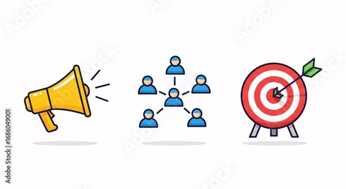 Icons representing communication, networking, and achieving goals