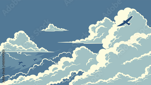 Aerial View of Cloudscape with Birds in Flight Sky Background Illustration.