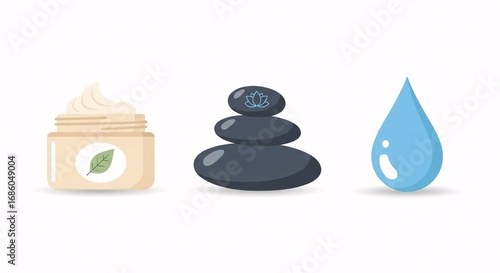 Spa relaxation elements: cream, balanced stones, and water drop on white background.