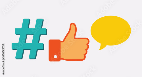 Social media icons for engagement: hashtag, thumbs up, and speech bubble.