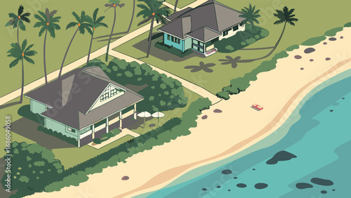 Aerial View of Tropical Beach Houses Palm Trees and Ocean.