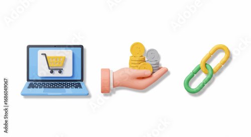 Digital commerce illustration showing online shopping, investment, and connectivity