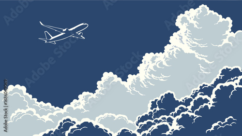 Airplane flying above clouds aerial view travel transportation journey flight sky cloudscape blue sky white clouds cumulus clouds air travel aviation airplane silhouette vector illustration graphic d.
