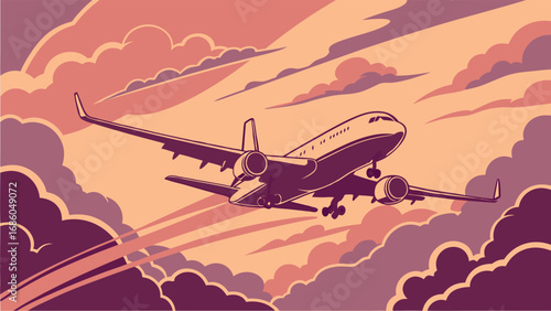 Airplane flying above the clouds at sunset air travel vector illustration graphic design.