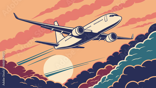 Airplane flying above clouds at sunset travel journey aviation illustration vector art.