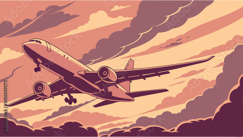 Airplane flying above the clouds at sunset air travel journey transportation vector illustration.