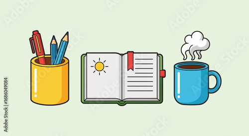 Morning routine essentials with a journal, writing tools, and a hot coffee.