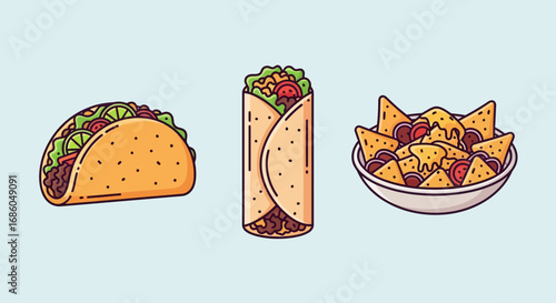 A colorful vector illustration of popular Mexican food, including a taco, a burrito, and a bowl of nachos with cheese sauce.