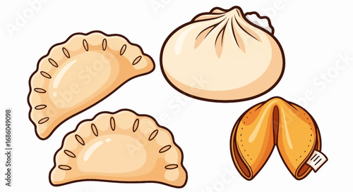A cartoon illustration of various Asian food items, including two dumplings, a steamed bun, and a fortune cookie on a white background.