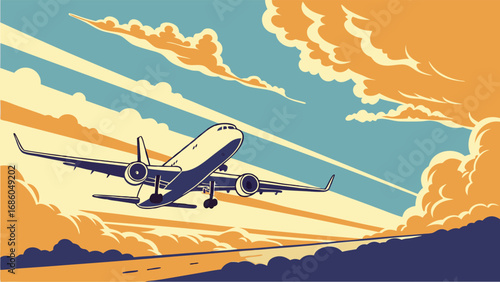 Airplane Taking Off Retro Style Illustration Air Travel Jet Plane Sky Clouds Sunrise Sunset Transportation Journey Flight Aviation Airplane in Flight Aircraft Departure Travel Vacation Holiday Airlin.