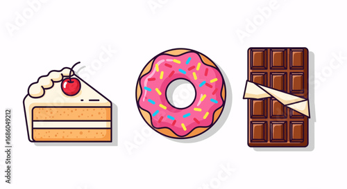 A collection of sweet dessert icons: a slice of cake with a cherry, a pink frosted donut with sprinkles, and a chocolate bar.