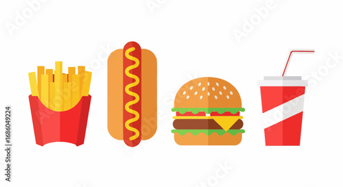 A collection of fast food items including french fries, a hot dog, a hamburger, and a soda drink in a flat vector illustration style.