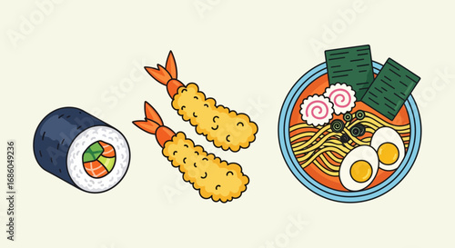 An illustration of popular Japanese dishes: a maki sushi roll, shrimp tempura, and a bowl of ramen noodles.