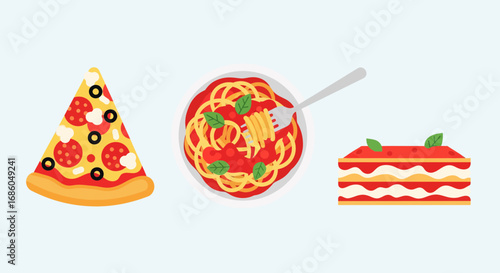 An illustration of popular Italian food including a slice of pizza, a plate of spaghetti, and a piece of lasagna.