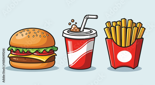 A classic fast food meal combo with a cheeseburger, french fries, and a soda drink illustrated in a cartoon style.