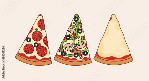 An illustration of three different pizza slices: pepperoni with olives, supreme vegetable, and plain cheese.