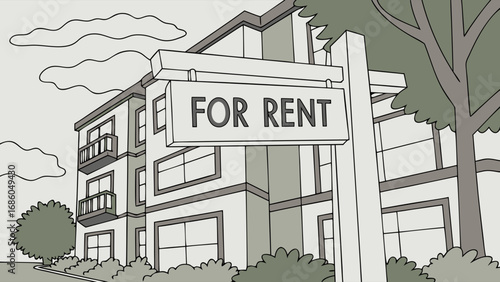 Apartment Building For Rent Modern Residential Complex Rental Property Illustration Real Estate Marketing.