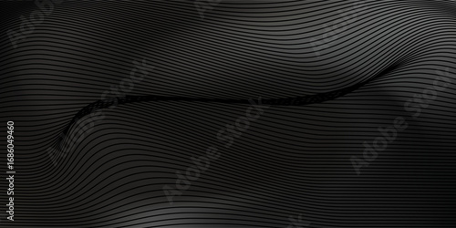 Black abstract background design. Modern wavy line pattern (guilloche curves) in monochrome colors. Premium stripe texture for banner, business backdrop.