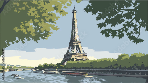 Artistic depiction of an iconic metal tower seen from across a waterway with boats framed by lush green trees.