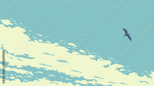 Artistic Bird in Flight Above Soft Cloudscape Peaceful Sky Background Illustration.