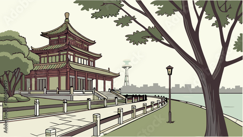 Asian-style architecture park landscape waterfront illustration cityscape background tranquil scene peaceful setting vector art graphic design calm atmosphere nature illustration summer day outdoor s.