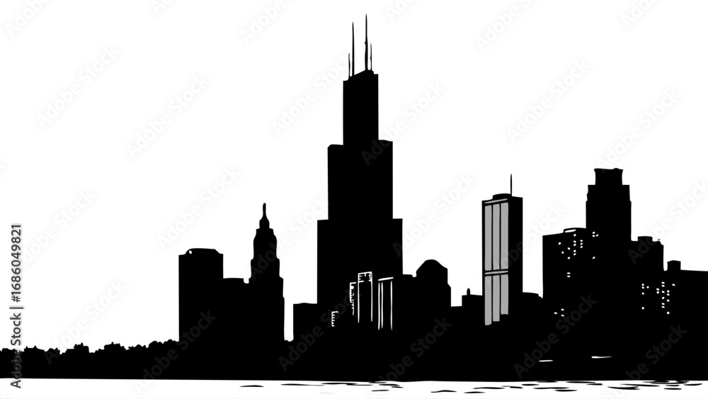 Fototapeta premium Black and White City Skyline Silhouette Urban Landscape Illustration Modern Architecture Graphic.