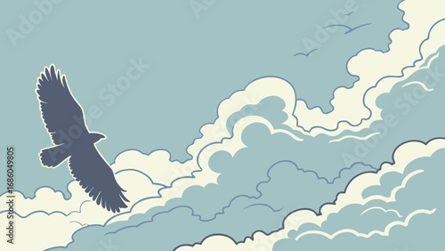 Bird in Flight Above Clouds Sky Illustration Nature Wallpaper Graphic Design Element.
