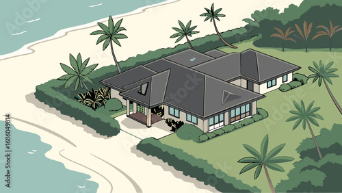 Beachfront House Aerial View Tropical Home Illustration Oceanfront Property Coastal Real Estate Vacation Home Island Paradise Design.
