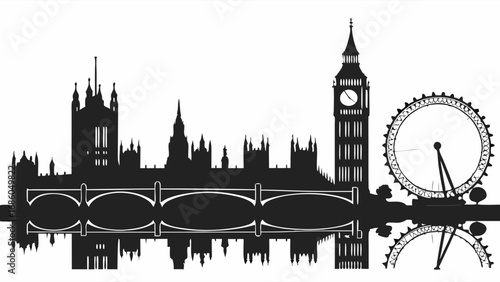 Black and white city skyline silhouette with reflection iconic landmarks clock tower Ferris wheel illustration.